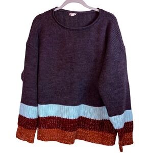 Hem & Thread Charcoal Grey Colorblock Striped Knit Sweater Large Boho Relax Fit